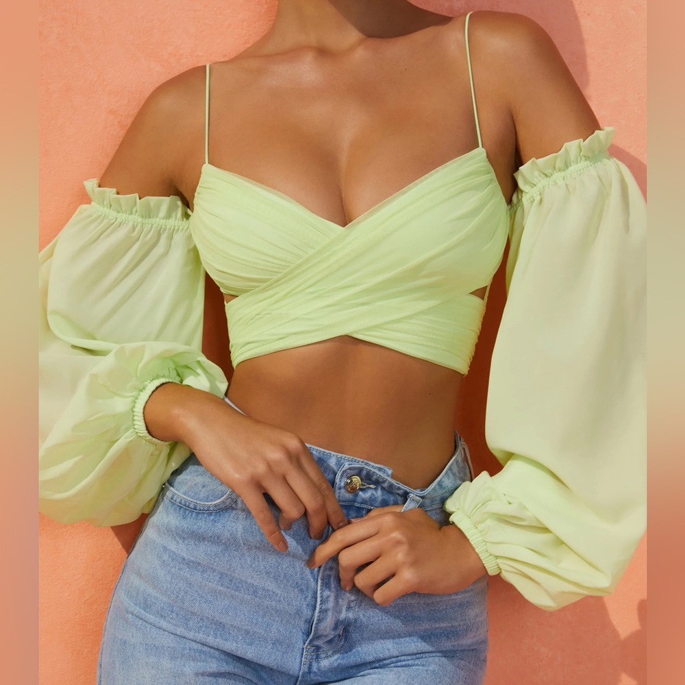 Oh Polly Green Long Sleeve Wrap Crop Top